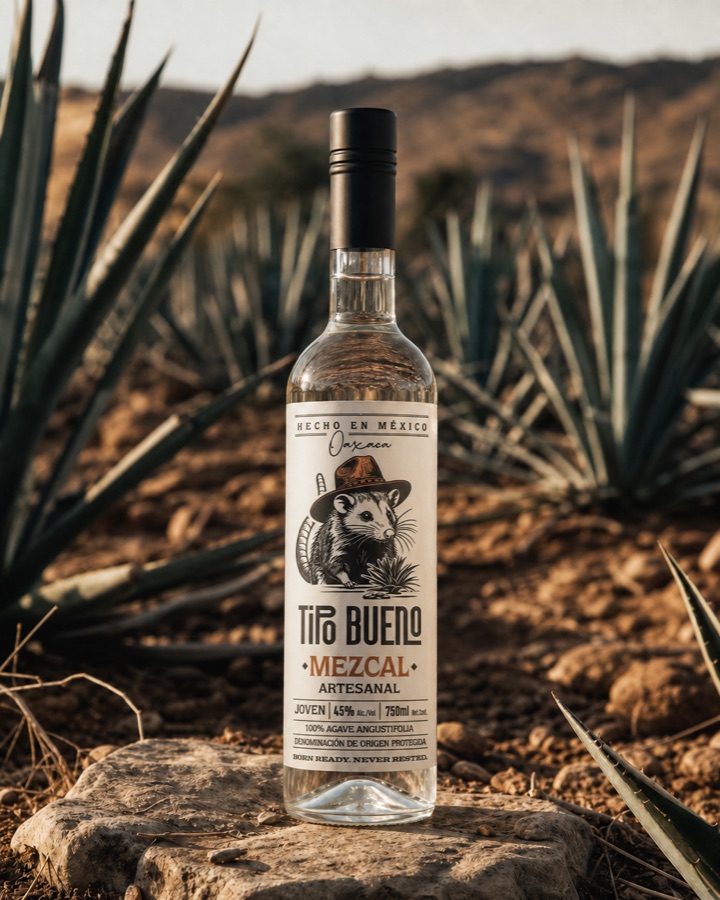 A Tipo Bueno bottle on a stone among rows of agave plants.