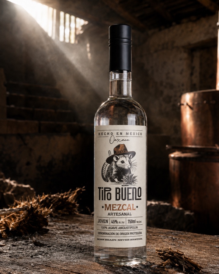 A Tipo Bueno bottle on a rustic worktable with copper distilling equipment in the background.